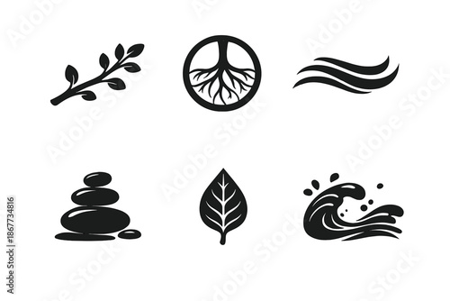 Organic Balance Icons. Solid style icons of organic balance: branch curve, circular root, gentle flow, balanced stone, plant vein,