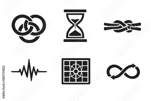 Solid Unity Icons. Solid style icons of unity in time: interlaced rings, balanced hourglass, thread knot, central pulse, symmetry