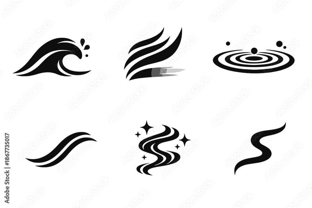 Fototapeta premium Harmonized Motion Icons. Solid style icons of Harmonized Motion: wave arc, shadow flow, calm ripple, energy thread, soft curve,