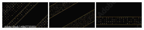 Set of dark backgrounds with golden lines and glittering dots