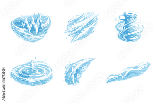 Silent Rhythm Icons. Solid style icons of Silent Rhythm: pulse veil, snow streak, frozen thread, icy ripple, chill arc, soft line
