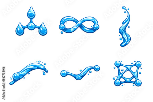 Fluid Network Icons. Solid style icons of Fluid Networks: rain node, drift loop, water thread, flowing arc, adaptive line, mesh