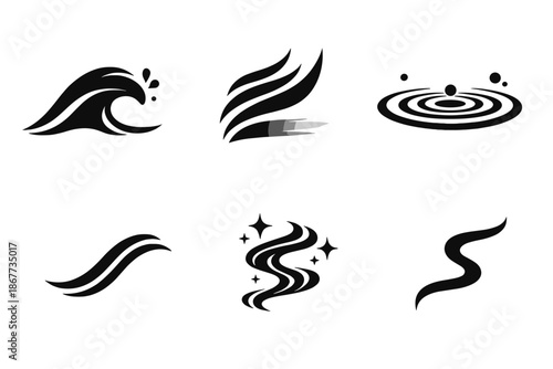 Harmonized Motion Icons. Solid style icons of Harmonized Motion: wave arc, shadow flow, calm ripple, energy thread, soft curve,
