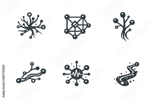 Living Network Icons. Solid style icons of Living Networks: neural branch, code lattice, bio stem, flowing line, pulse node,