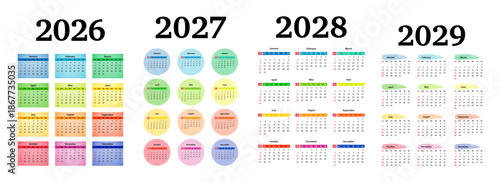 Set of calendars for 2026, 2027, 2028 and 2029 on a white background