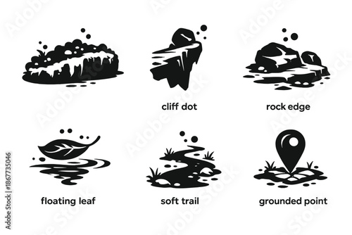 Natural Balance Icons. Solid style icons of Natural Balance: moss line, cliff dot, rock edge, floating leaf, soft trail, grounded