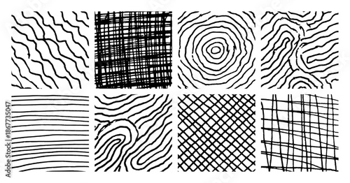 Set of monochrome hand-drawn crosshatch textures