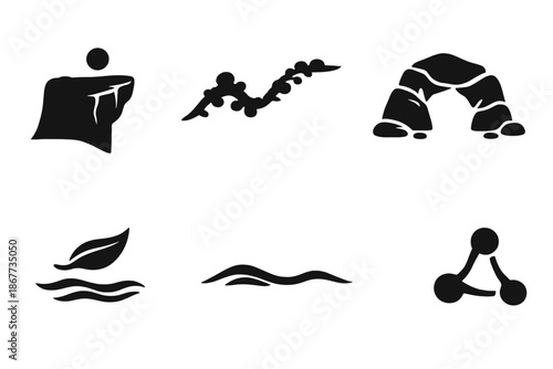 Harmonized Nature Elements. Solid style icons of Harmonized Edge: cliff dot, moss thread, rock arc, floating leaf, calm line, soft