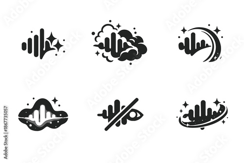 Obscured Sound Icons. Solid style icons of Obscured Sound: voice spark, dust cloud, luminous arc, soft pulse, hidden line, radiant