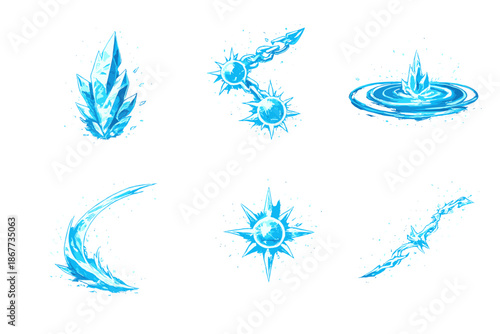 Frozen Radiance Icons. Solid style icons of Frozen Radiance: ice shard, flare chain, cold ripple, glowing arc, radiant node,