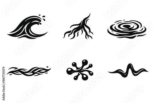 Fluid Structure Icons. Solid style icons of Fluid Structure: wave arc, root bend, ripple line, organic thread, deep node, flowing