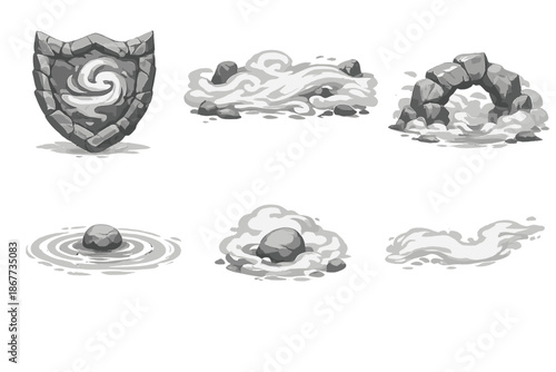 Grounded Mist Icons. Solid style icons of Grounded Mist: stone crest, fog band, rock arc, soft ripple, solid node, drifting line