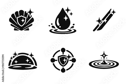 Guarded Reflection Icons. Solid style icons of Guarded Reflection: glint shell, rain mark, reflective line, luminous arc,