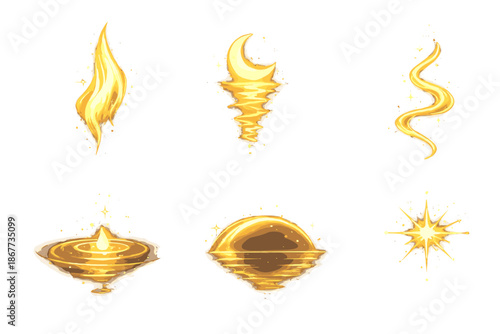 Gentle Flame Icons. Solid style icons of Gentle Flame: fire veil, moon path, luminous thread, soft ripple, reflective arc, radiant