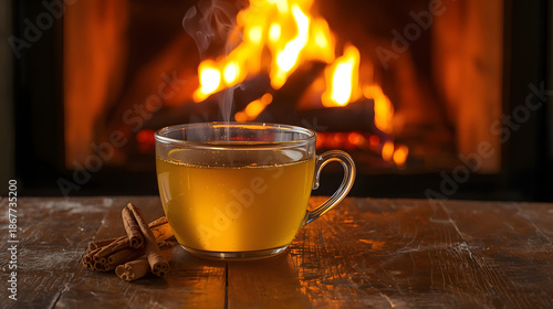 A cup of hot lemon tea with cinnamon sticks and a cozy fireplace in the background, perfect for a relaxing winter day at home
