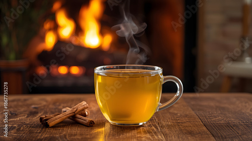 A cup of hot lemon tea with cinnamon sticks and a cozy fireplace in the background, perfect for a relaxing winter day at home
