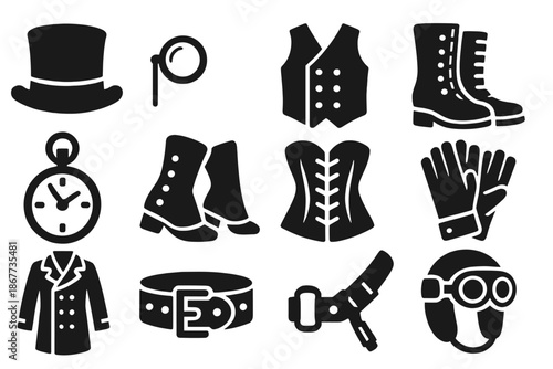 Steampunk Fashion Icons. Solid style icons of Steampunk attire: top hat, monocle, waistcoat, leather boots, pocket watch, spats,