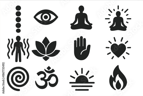 Spiritual Symbols Collection. Solid style icons of Spiritual Awakening: Chakras, Third Eye, Meditation Pose, Light Aura, Energy