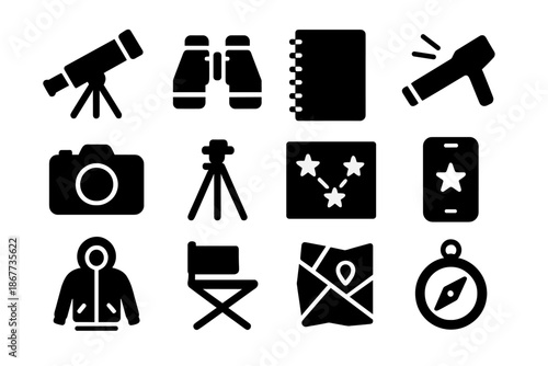Amateur Astronomy Icons. Solid style icons of Amateur Astronomy: Telescope, Binoculars, Notebook, Red Flashlight, Camera, Tripod,
