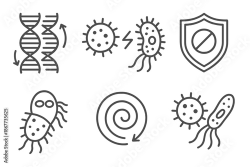Host-Parasite Arms Race. Line style icons of Host-Parasite Arms Race: evolving DNA strands, immune cell vs parasite, resistance