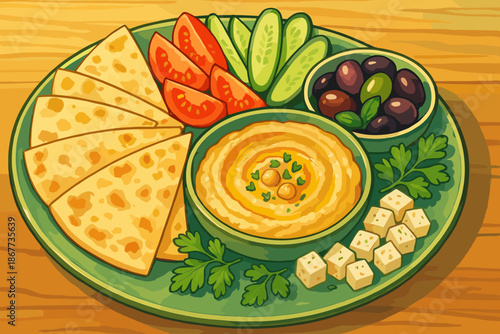 Mediterranean Appetizer Platter. Delicious platter of Mediterranean appetizers with fresh hummus, pita bread, and olives, vibrant