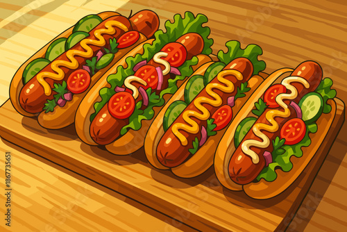 Gourmet Hot Dog Feast. Gourmet hot dogs topped with fresh vegetables and sauces resting on a wooden board, vector illustration