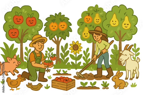Harmonious Farm Harmony. Permaculture farm with smiling fruit trees, playful animals, and gardeners working together in harmony No