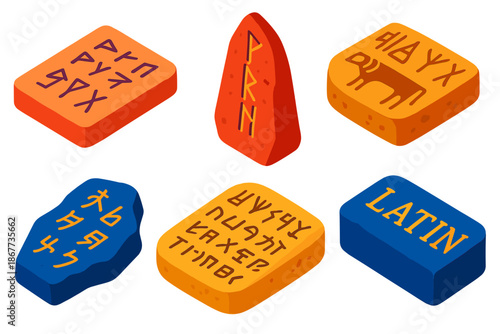 Ancient Script Icons. Isometric vector illustration set Ancient Scripts Comparison: Phoenician alphabet, runic stone, Indus script