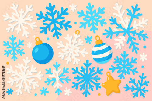 Festive Snowflake Celebration. Playful arrangement of blue and white snowflakes with festive ornaments placed on a vector