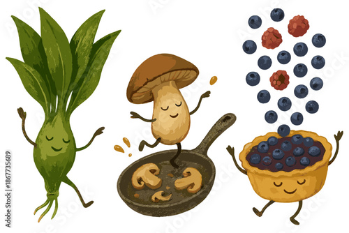 Magical Culinary Dance. Recipe page brought to life with dancing wild garlic, mushrooms sautéing, and berries sprinkling into a