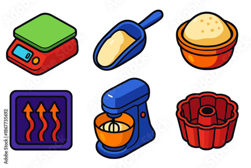 Baking Science Icons. Isometric vector illustration set Baking Science: measuring scale, flour scoop, rising dough, oven heat