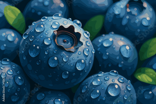 Dewy Blueberries Close-Up. Macro shot of fresh blueberries covered in dewdrops, vector illustration vibrant rich tones, soft