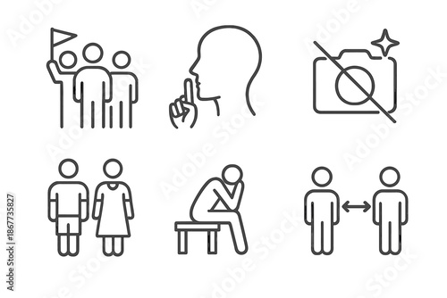 Responsible Travel Icons. Line style icons of Responsible Travel Behavior: guided group symbol, silence gesture icon, no flash
