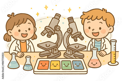 Doodle Art Workshop. Adorable doodle pigment analysis workshop with smiling students, cartoon microscopes observing cheerful paint