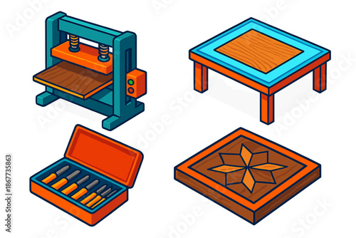 Woodworking Workshop Icons. Isometric vector illustration set Fine Woodworking Workshop: Veneer press machine, illuminated cutting