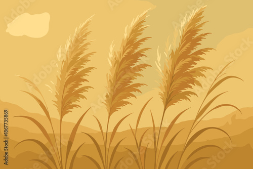 Rustic Pampas Grass. Rustic pampas grass vector illustration gently swaying in the breeze under soft golden sunlight, earthy and