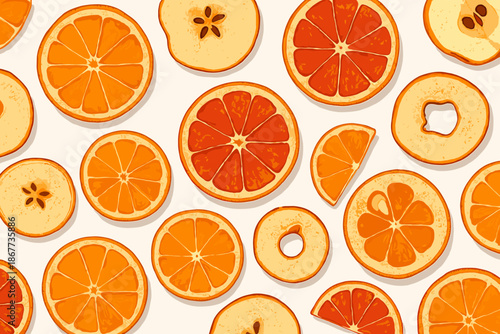Vibrant Dried Fruits. Flat lay of dried fruit slices scattered on a clean white surface, vibrant orange and red tones, vector