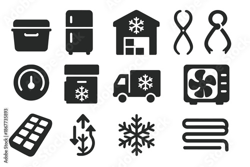 Refrigeration Icon Collection. Solid style icons of refrigeration: icebox chest, refrigerator door, cold storage warehouse, ice