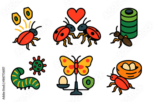 Ecological Immunology Icons. Isometric vector illustration set Ecological immunology: insect immune activation, mating behavior,