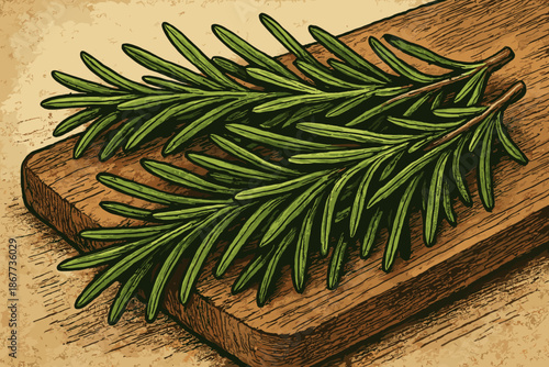 Fresh Rosemary Sprigs. Close-up of fresh green rosemary sprigs placed on a rustic cutting board, sharp textures and earthy tones,