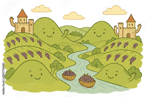 Whimsical Wine Land. Wine region map brought to life with rolling hills smiling, castles waving, and rivers carrying grape boats