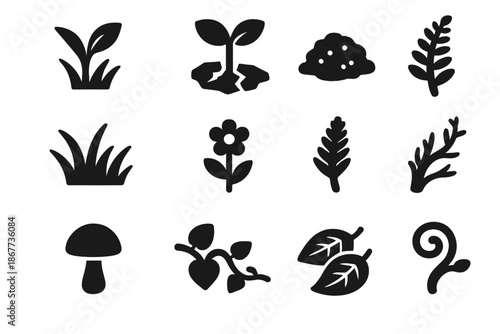 Hidden Growth Icons. Solid style icons of Hidden Growth: Sprouting Weed, Sapling, Cracked Pavement, Moss Patch, Creeping Grass,