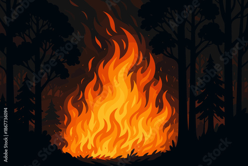 Wildfire in Forest. Intense wildfire spreading through vector illustration dense trees, vibrant orange and red flames illuminating