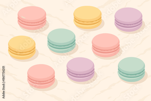 Pastel Macarons Delight. Flat vector illustration lay of colorful macarons arranged on a marble surface, soft pastel tones,