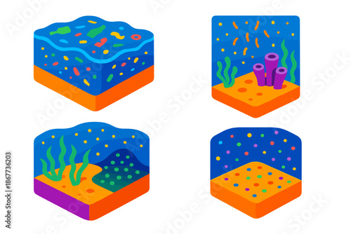 Anthropogenic Impact Zones. Isometric vector illustration set Anthropogenic Impact Zones: Plastic particle layer, altered organic