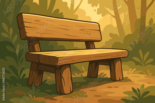 Sunlit Forest Bench. Close-up of a rustic wooden bench in a forest illuminated by soft golden sunlight, vector illustration