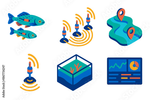 Fish Telemetry Icons. Isometric vector illustration set Acoustic telemetry: freshwater fish with tags, tracking arrays, river path