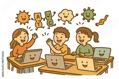 Joyful Bioinformatics Classroom. Joyful doodle bioinformatics classroom with laptops smiling, DNA letters dancing with faces,