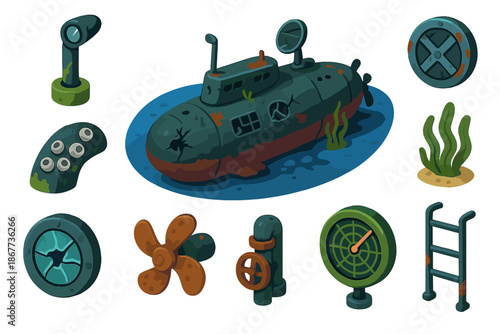 Abandoned Submarine Icons. Isometric vector illustration set Abandoned Submarine: collapsed periscope, deteriorated hull, cracked