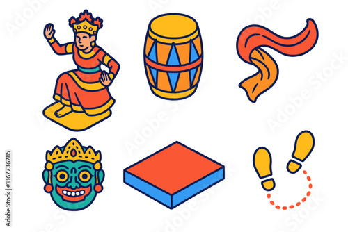 Traditional Dance Icons. Isometric vector illustration set Traditional Dance: dancer in costume, drum instrument, flowing scarf,